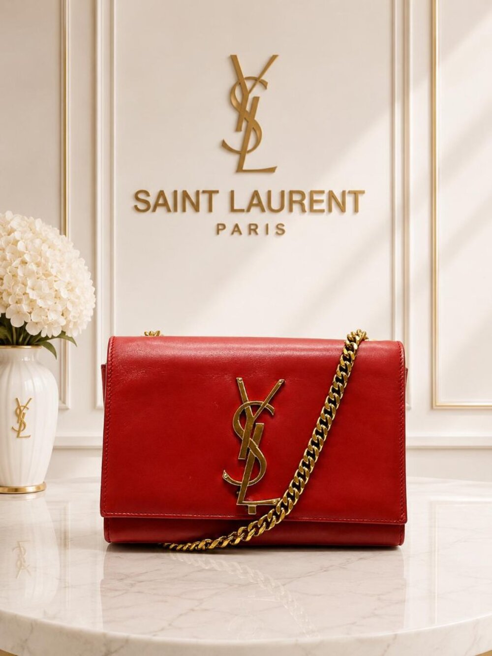 Authentic Saint Laurent YSL Monogram Red Leather Gold Chain Shoulder Bag